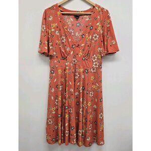 Torrid Floral Swing Dress Size 0 (L 12) Flutter Sleeves Stretch V-Neck Orange